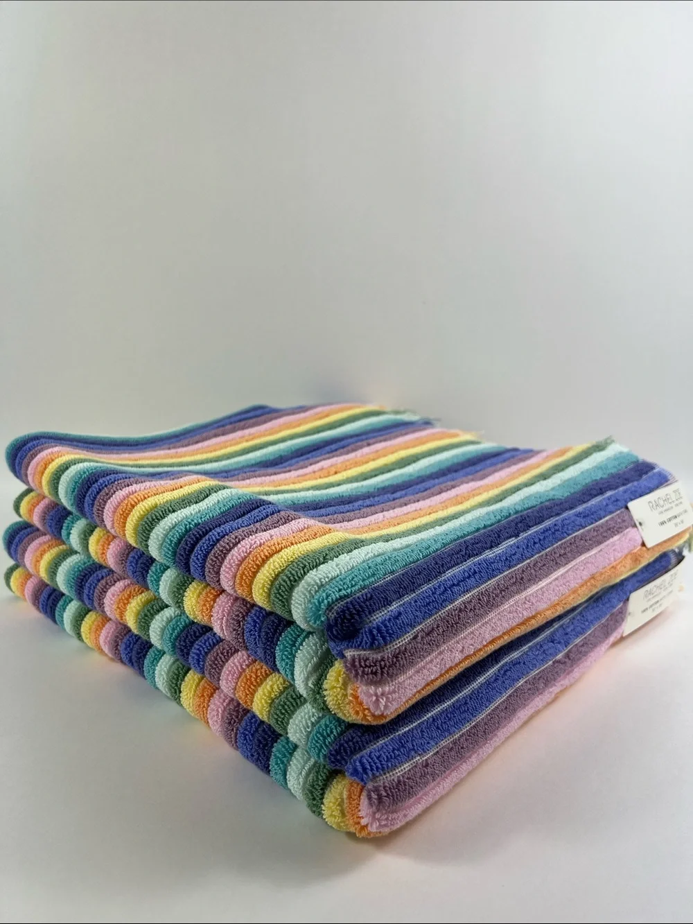 Rachel Zoe Bath Towels Rainbow Pastel Striped with Fringe Cotton 8 Pc Set NEW